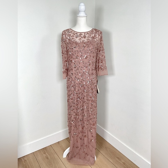 Adrianna Papell Women's Beaded Illusion‎ Column Gown Color-Rose Gold Size 10 NWT - Picture 1 of 16